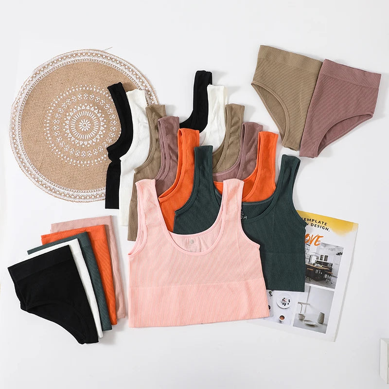 Seamless Women Lingerie Set Rib Bralette Sports Crop Top High Waist Briefs Panties Light Support Bra Sexy Underwear Set