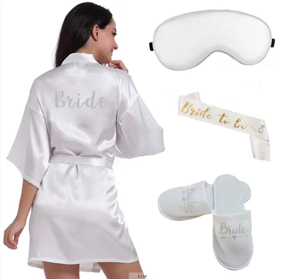 4pc set of glitter gold bride satin short bride robe slippers bridal sash peignoir women Bridal Party 2019 kimono robe
