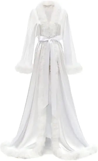 Women's Satin Robe Fur Nightgown Bathrobe Sleepwear Feather Bridal Robe with Belt