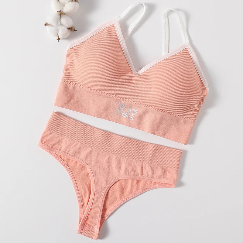 Women Seamless Bra And Panties Set High Rise Thongs Non-wire Sports Bra Comfy Brassiere Female Underwear Sexy Lingerie Set