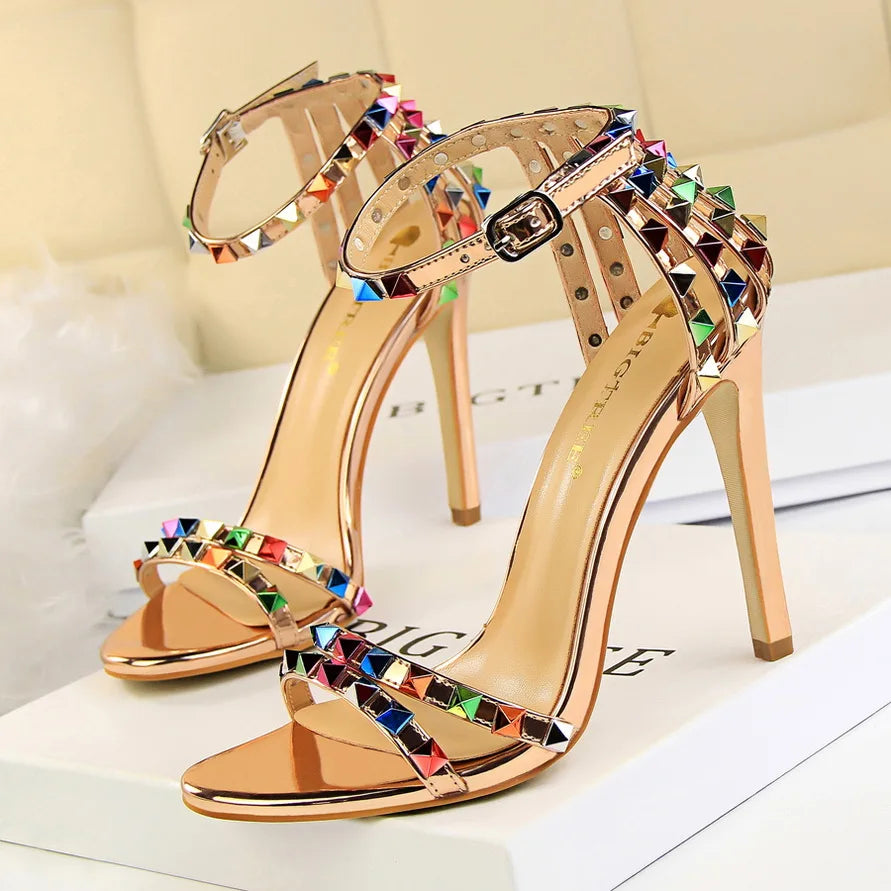BIGTREE Shoes Color Rivets Women Sandals Roman Style Heeled Sandals Hollow Out High Heels Stiletto Sexy Party Shoes Sandals
