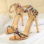 BIGTREE Shoes Color Rivets Women Sandals Roman Style Heeled Sandals Hollow Out High Heels Stiletto Sexy Party Shoes Sandals