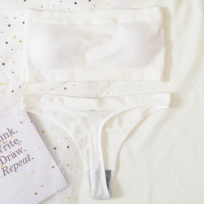 Women Strapless Bra And Panties Set Bandeau Bra High Waist Thong Seamless Underwear Sexy Tube Bra Female Sexy Lingerie Set M-XL