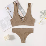 Women Seamless Bra And Panties Set Sexy Ribbed Bra Top Low Waist Thongs Wire-free Brassiere No Pads Comfort Intimates M-XL