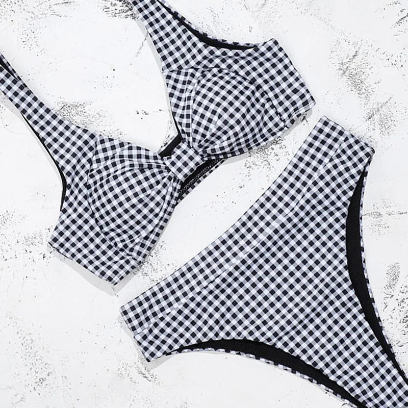 ZTVitality Black Plaid Bikinis Bow Bikini 2025 New Arrival Padded Bra High Waist Swimsuit Sexy Swimwear Women Brazilian Biquini