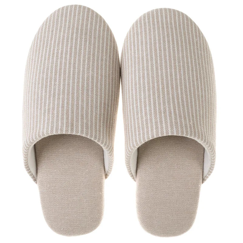 Japanese Style Mute Slippers Women Men Home Cotton Slipper Breathable Fabric Couple Spring Summer Shoes Suede Sole Ladies Slides