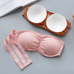 Women Ribbed Strapless Bandeau Bra Anti-Slip Ruched Tube Top Bra Removable Breathable Pads Adjustable Back Hooks One Size