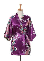 Lace Up Woman Peacock Print Japanese Kimono Yukata Silk Satin Short Style Sleepwear Home Nightgown Bath Robe Costume