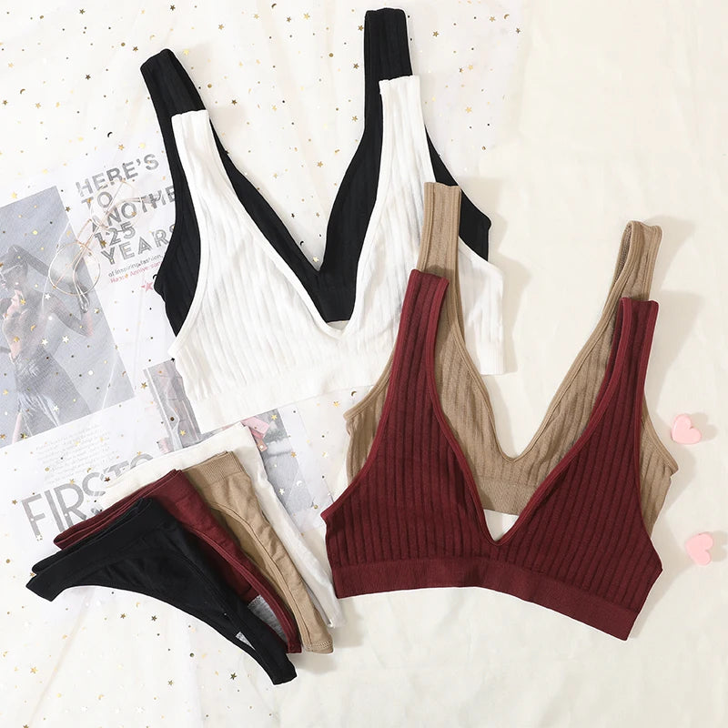 Women Seamless Bra And Panties Set Sexy Ribbed Bra Top Low Waist Thongs Wire-free Brassiere No Pads Comfort Intimates M-XL