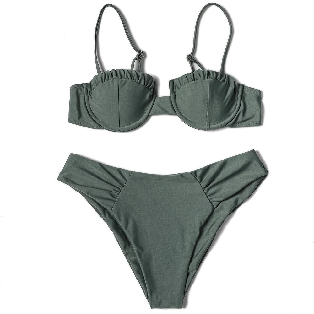 ZTVitality Solid Swimwear Women 2025 Newest Push Up Sexy Bikini Padded Bra Underwire Mid Waist Folds Swimsuit Brazilian Biquini