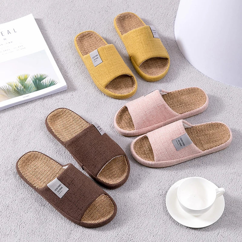 Breathable Flax Slippers Women Men Indoor Mute Slipper Anti-slip Lovers House Floor Shoes SoftLadies Summer Home Slides