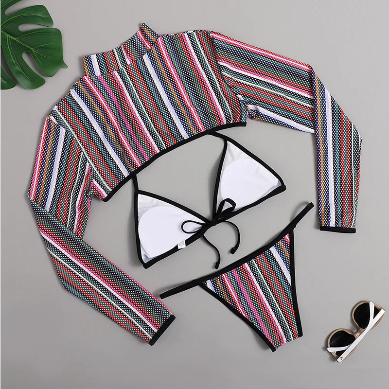 2025 Sexy Long Sleeve Striped Bikini Women Brazilian Swimwear Female Swimsuit 3 Pieces Bikini Set Halter Micro Bathing Suit Swim