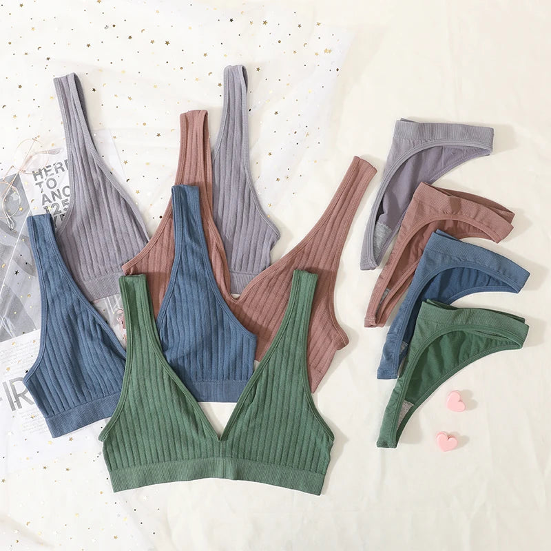 Women Seamless Bra And Panties Set Sexy Ribbed Bra Top Low Waist Thongs Wire-free Brassiere No Pads Comfort Intimates M-XL