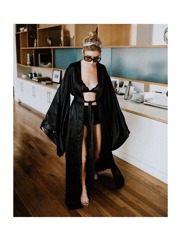 Summer Long Maxi Party Dress 2021 VONDA Sexy V Neck Long Sleeve Solid Dresses Bohemian Vestidos Femme Satin Slik Sundress