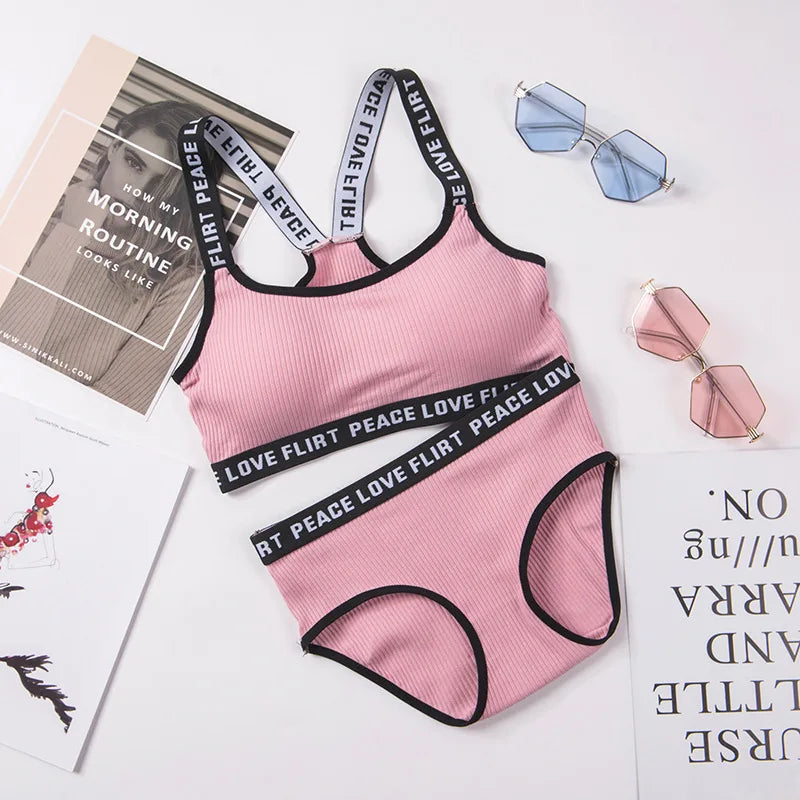 Soft Stripe Cotton Women's Underwear Set Sexy Beauty Back Tops Letter Print Shoulder strap Bralette With Panties 2-pieces Suit