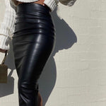 Women Autumn Sexy High Waist Bodycon Skirt Fashion Adults Slim-fit Solid Color Slit Leather Long Skirt Black/White