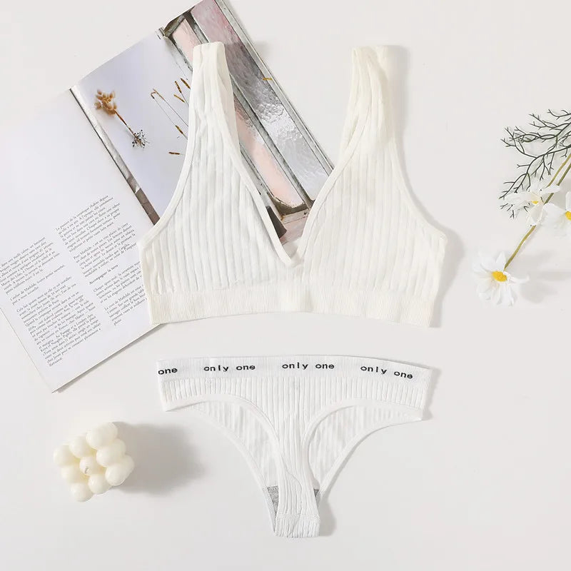 Women Seamless Bra And Panties Set Sexy Ribbed Bra Top Low Waist Thongs Wire-free Brassiere No Pads Comfort Intimates M-XL
