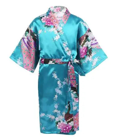 Girls Satin Kimono Robe Kids Sleepwear Peacock Flower Printed Children Bathrobe Nightgown Robe For Spa Party Wedding Birthday