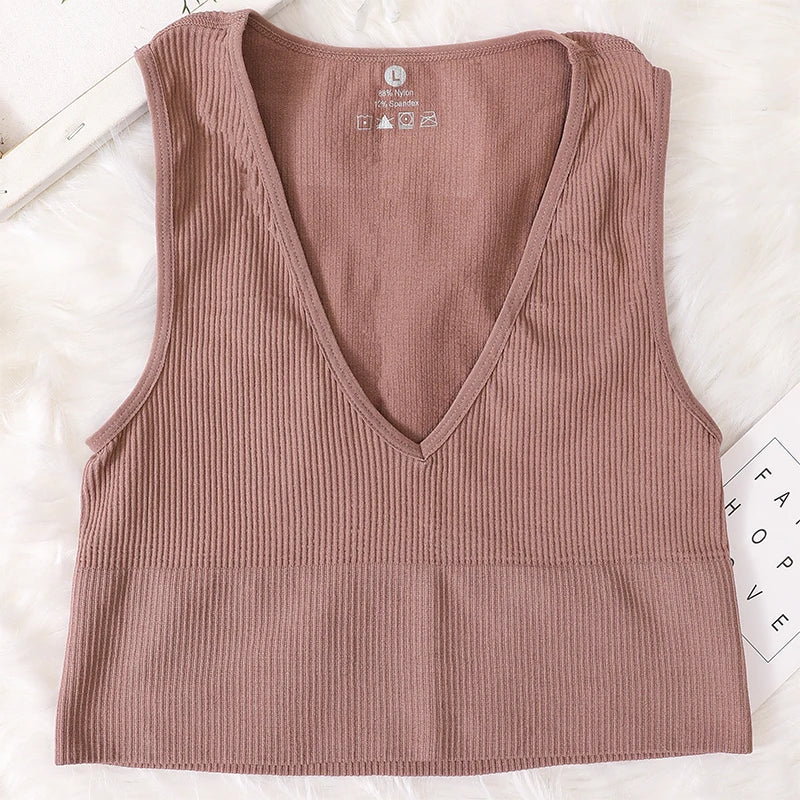 Summer Crop Top Women V-Neck Tanks Sexy Lingerie Sleeveless Short Tee Rib Fitness Underwear Sport Seamless Bra Tops Camisole