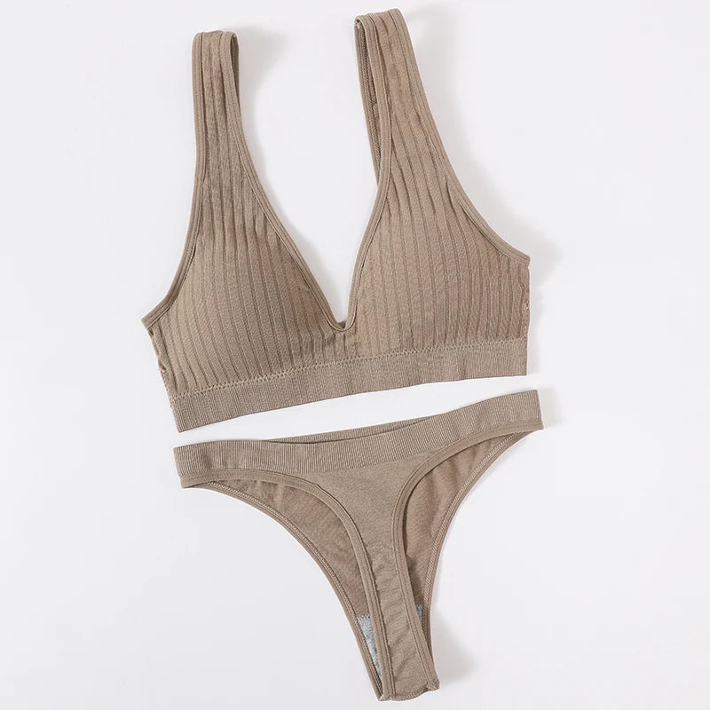 Women's Seamless Bra Panties Set Female Wirefree Brassiere Top Sports Underwear High Waist Briefs V Neck Sexy Lingerie Set
