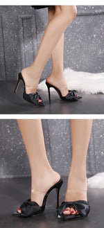 2025 Silk Butterfly Knot Women PVC Slippers Mule 11cm High Heels Slippers Luxury Sandals Pointed Toe Strappy Slides Party Shoes