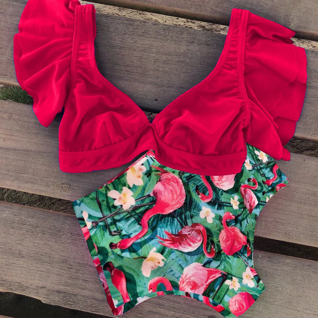 2024 New Bikini Set Women Ruffle Brazilian Bikini High Waist Flounce Biquini Swimwear Printed Maillot De Bain Summer Bath Suit