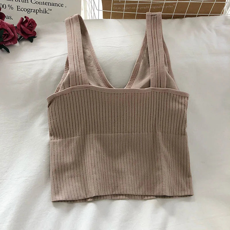 Women's Tank Crop Tops Female Tops Sexy Lingerie Seamless Underwear Streetwear V Neck Cropped Tee Padded Camisole