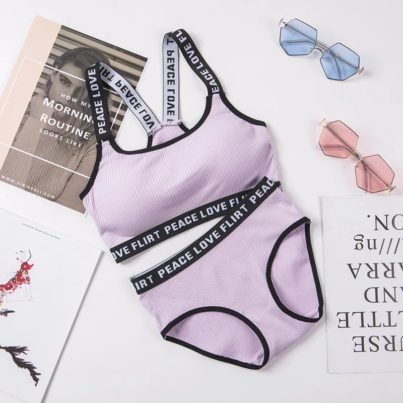 Soft Stripe Cotton Women's Underwear Set Sexy Beauty Back Tops Letter Print Shoulder strap Bralette With Panties 2-pieces Suit