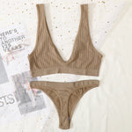 Women Seamless Bra And Panties Set Sexy Ribbed Bra Top Low Waist Thongs Wire-free Brassiere No Pads Comfort Intimates M-XL