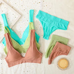 Women Push-Up Bra And Panties Set Sexy Lingerie V-neck Non-wire Bralette with Removable Pads Seamless Crop Top High Waist Thong