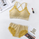 Gingham Lace Trim Bralette & Panty Set Push-Up Bra Plaid Lace Trim Lingerie Set Cross-Back Wireless Women's Underwear Set