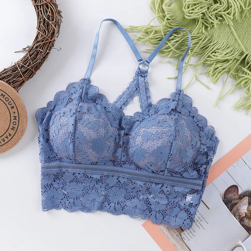 Cross Back Lace Bra Top Women Bralette Crop Top Sexy Lingerie Wireless Underwear Women Solid Color Bra Tops Padded Camisole