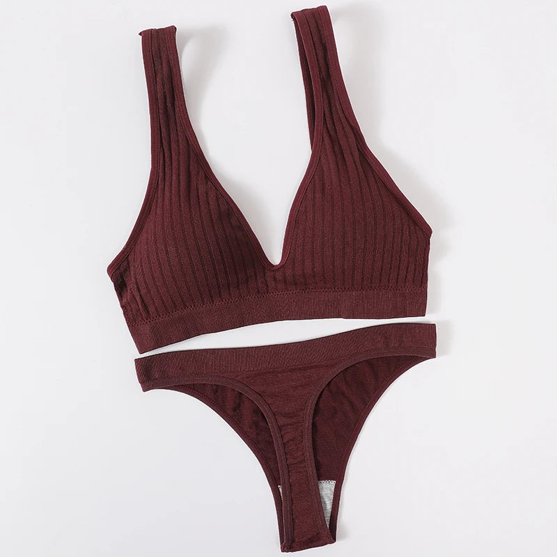 Women's Seamless Bra Panties Set Female Wirefree Brassiere Top Sports Underwear High Waist Briefs V Neck Sexy Lingerie Set
