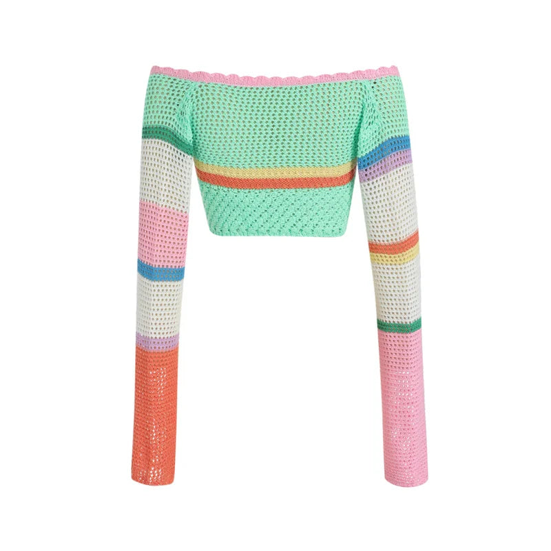 Women Summer Crop Tops Splicing Crochet Square Neck Long Sleeves Knitted T-shirt Tops 2021 Streetwear for Girls Green