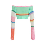Women Summer Crop Tops Splicing Crochet Square Neck Long Sleeves Knitted T-shirt Tops 2021 Streetwear for Girls Green