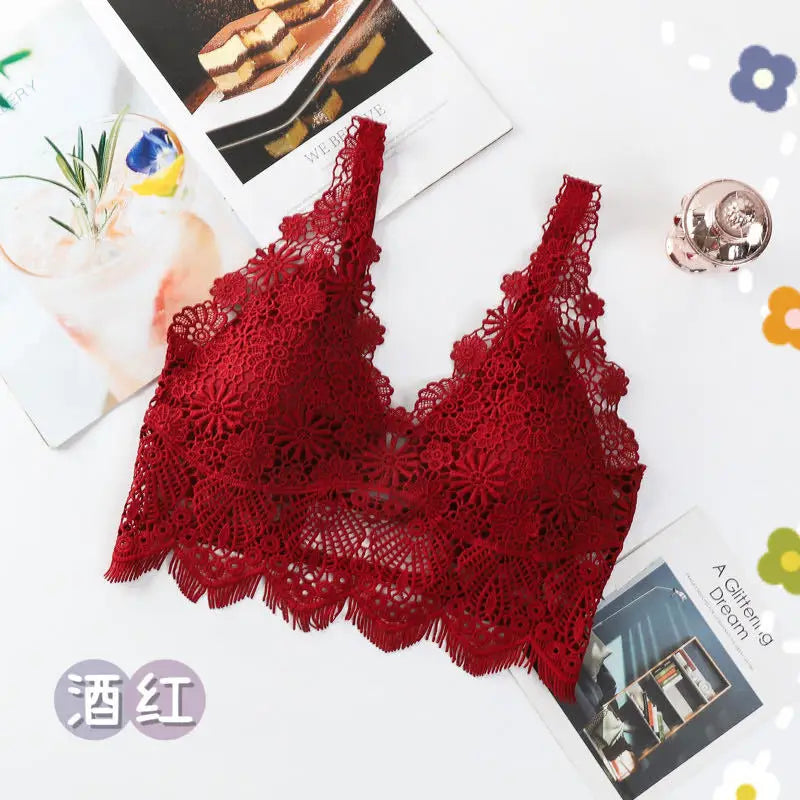 Deep V Lace Bra Tops Wire Free Brassieres Women Underwear Sexy Lingerie Beauty Back Bralette Bras for Women Removable Pads Top