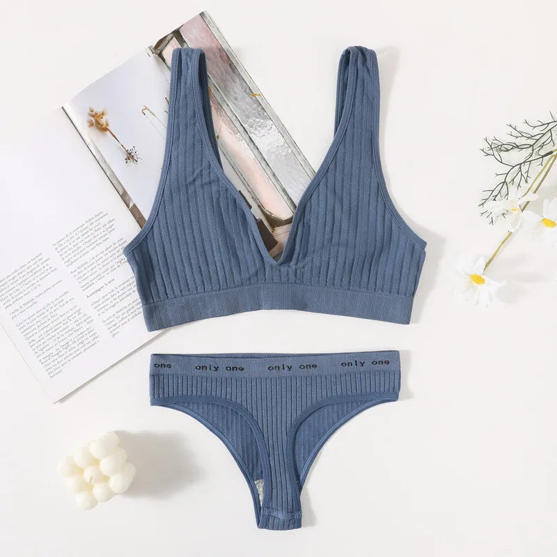 Women Seamless Bra And Panties Set Sexy Ribbed Bra Top Low Waist Thongs Wire-free Brassiere No Pads Comfort Intimates M-XL