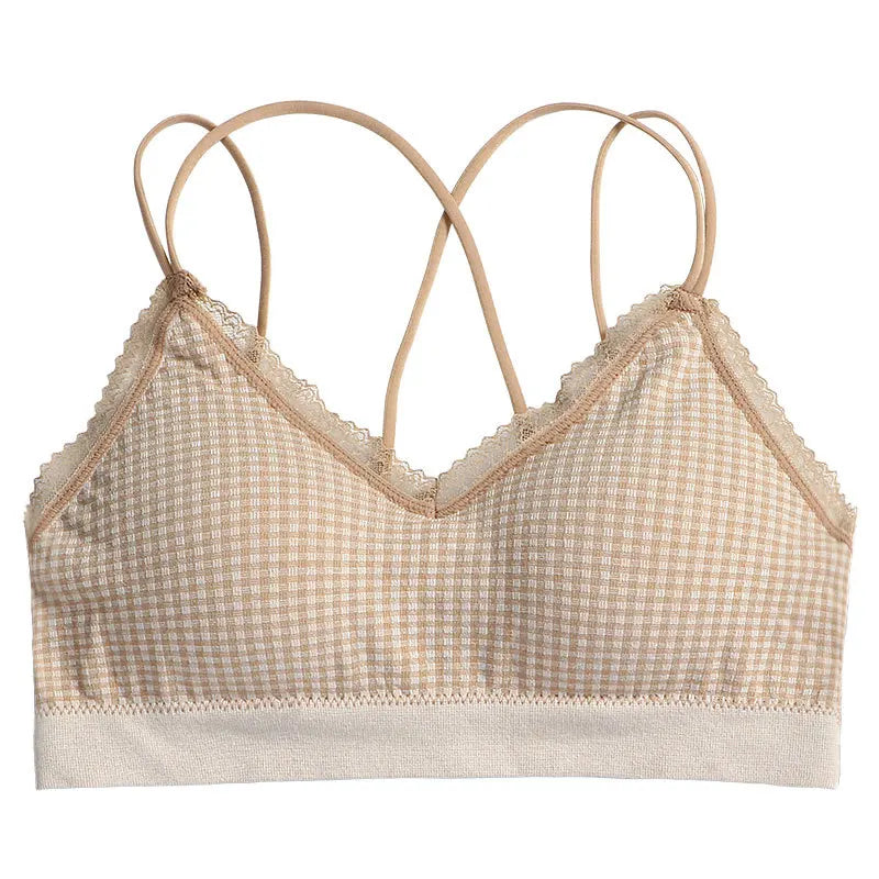 Gingham Lace Cross-Back Bralette Wireless Wrap Bra Sexy Lingerie Stretchy Beauty Cross Back Underwear Plaid Lace Trim Tube Bra