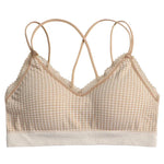 Gingham Lace Cross-Back Bralette Wireless Wrap Bra Sexy Lingerie Stretchy Beauty Cross Back Underwear Plaid Lace Trim Tube Bra
