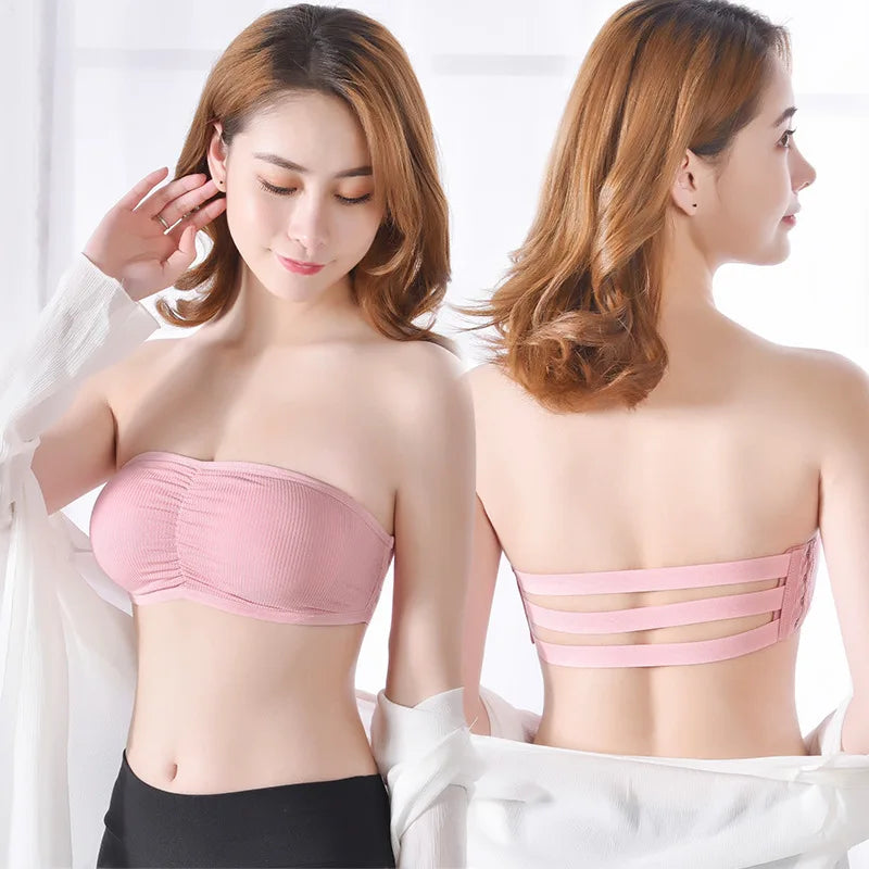 Women Ribbed Strapless Bandeau Bra Anti-Slip Ruched Tube Top Bra Removable Breathable Pads Adjustable Back Hooks One Size