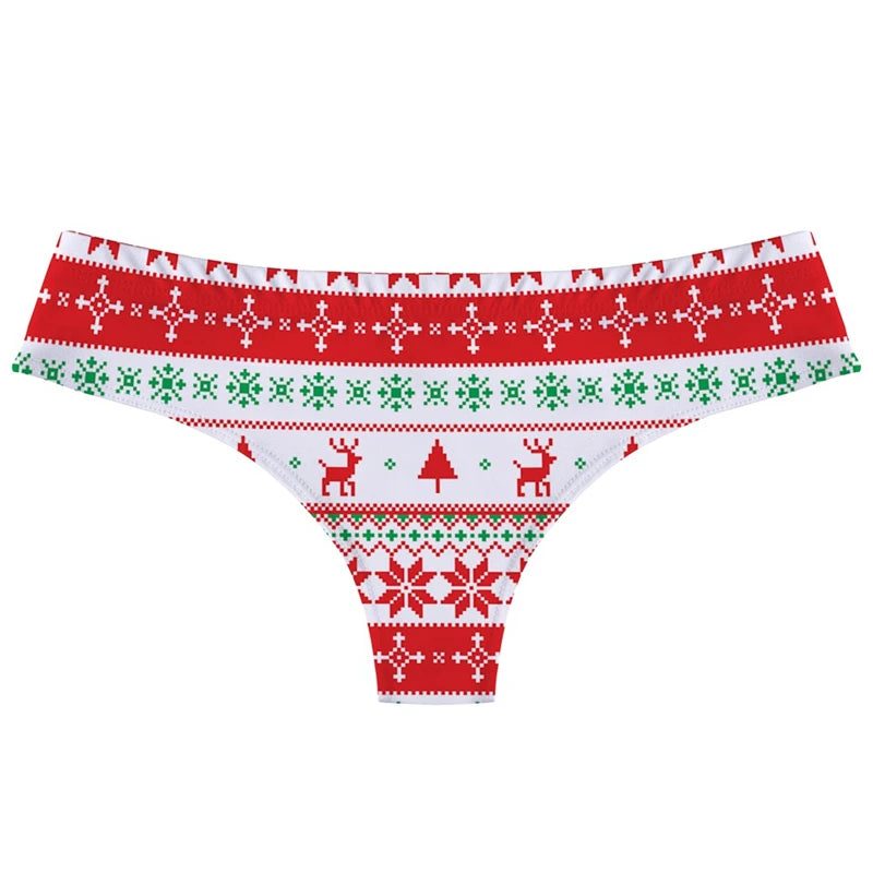 Women's Christmas Themed Printing G-string Sexy Low-Rise T-back Xmas Snowflakes Elk Pinted thong Seamless Female T-Pants