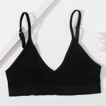 Women Ribbed V-Neck Wireless Bra Solid Color Knit Bralette Stretch Thin Straps Liner-Free No Chest Pads Lingerie Daily Intimates