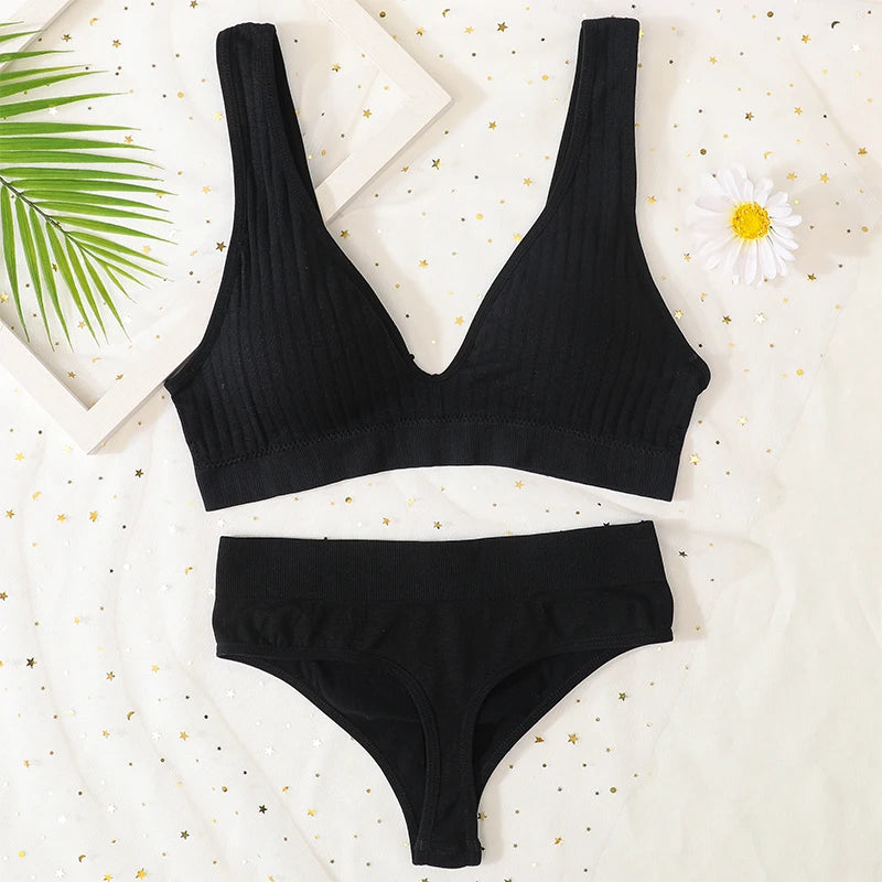 Women Push-Up Bra And Panties Set Sexy Lingerie V-neck Non-wire Bralette with Removable Pads Seamless Crop Top High Waist Thong