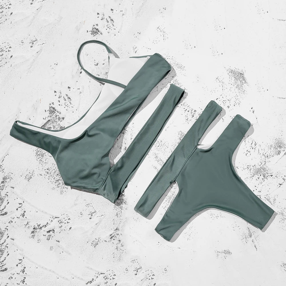 ZTVitality Solid Sexy Bikinis High Waist Bikini 2021 Hot Sale Asymmetry Straps Hollow Out Swimsuit Female Swimwear Women Biquini