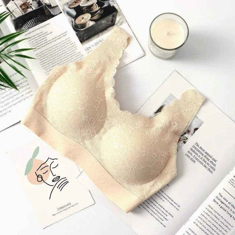 Thailand Latex Wireless Lace Bra – Push-Up, Seamless, Removable Pads, Beautiful Back Design for Daily Wear & Sleep