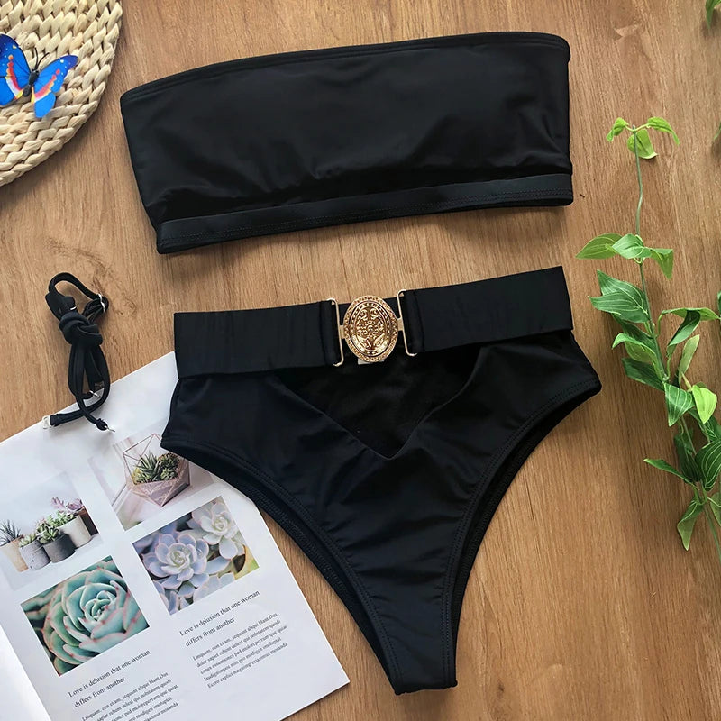 2026 Snake Printed Bandeau Bikini High Waist Swimsuit Women Vintage Swimwear Female Waist Belt Bikini Set Push Up Bathing Suit