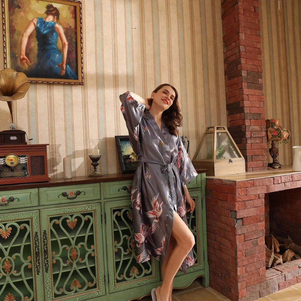 Hot Sale Black Summer Satin Kimono Bathrobe Women Bride Bridesmaid Wedding Robe Dress Gown Sexy Flower Long Sleepwear M-3XL