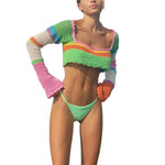 Women Summer Crop Tops Splicing Crochet Square Neck Long Sleeves Knitted T-shirt Tops 2021 Streetwear for Girls Green