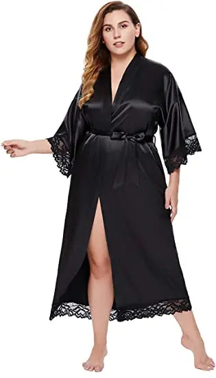Womens Nightdress Sexy Long LaceLingerie Bath Robe Gown Imitation Ice Silk Nightdress Solid Color Nightgown Nightwear