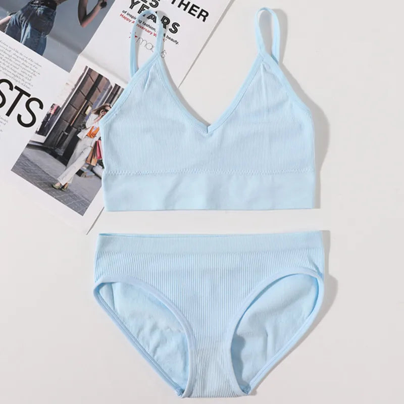 Women Seamless Bra And Panties Set U Back Bra Crop Top Sexy Lingerie Set No Pads Brassiere Low Rise Briefs Ladies Underwear Set